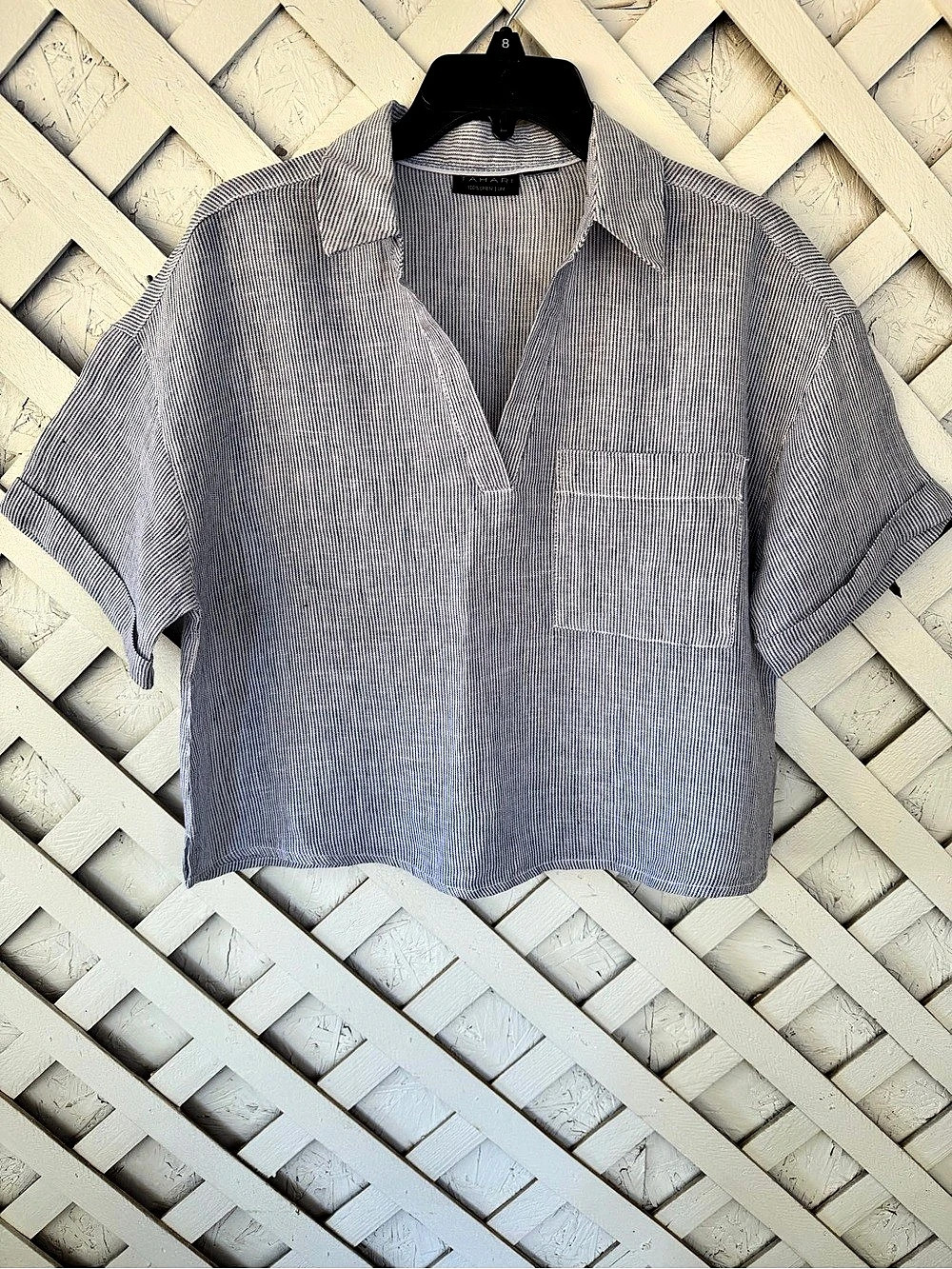 Tahari Striped Linen Short Sleeve Shirt Collared Nautical Coastal Boxy M/L